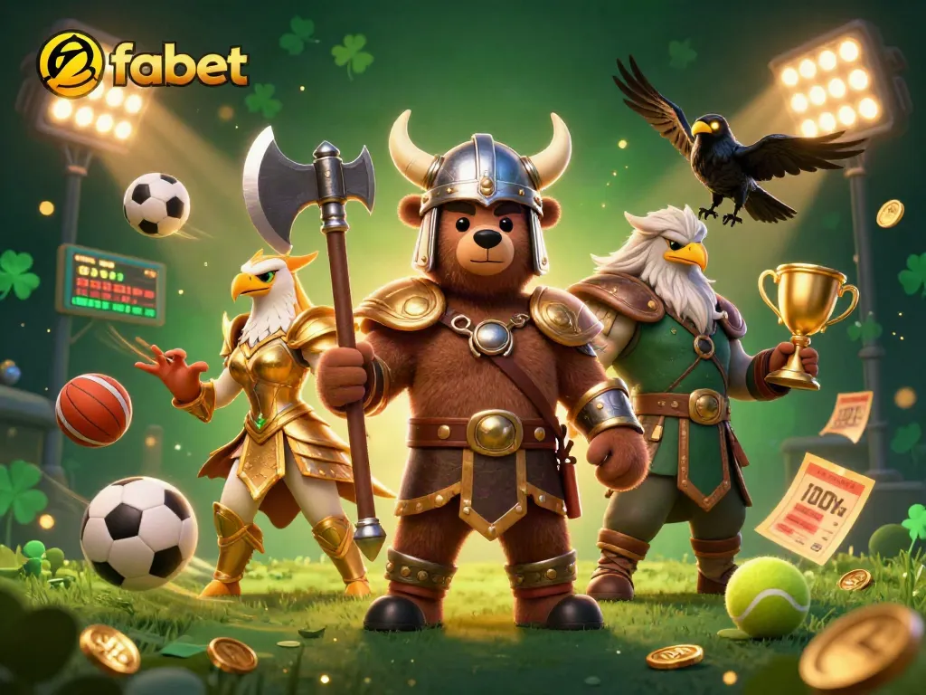 Bet on fabet with 3D Viking and Valkyrie amidst exciting sports action and dynamic elements.