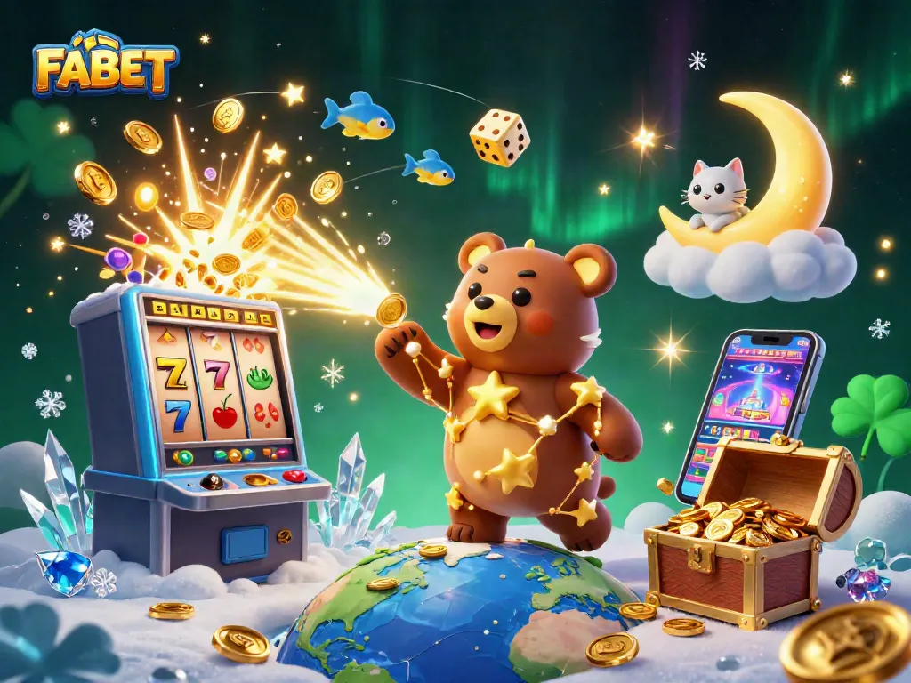 Engage with FABET's vibrant universe, featuring a whimsical constellation bear and dynamic casino elements.