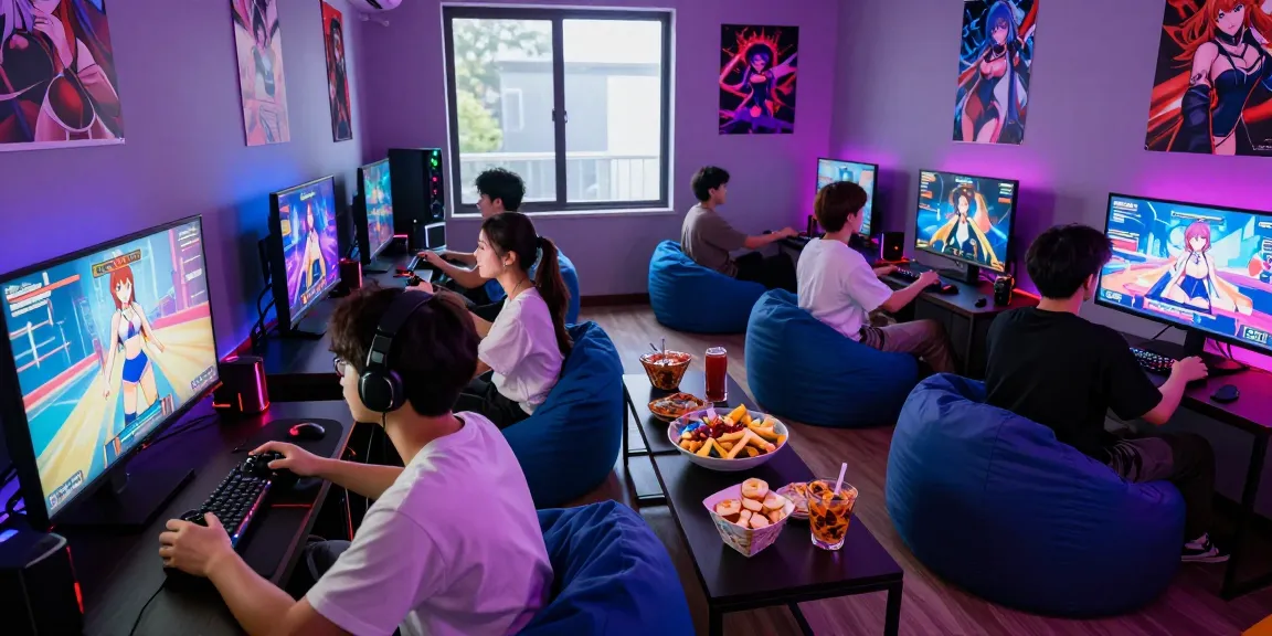 Group of friends playing a hentai game in a vibrant gaming room.