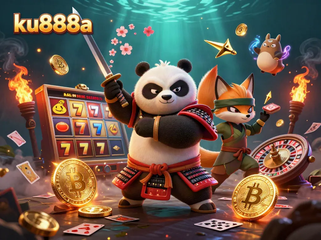 Experience ku888a's thrilling action with samurai panda and ninja fox in a colorful casino adventure.