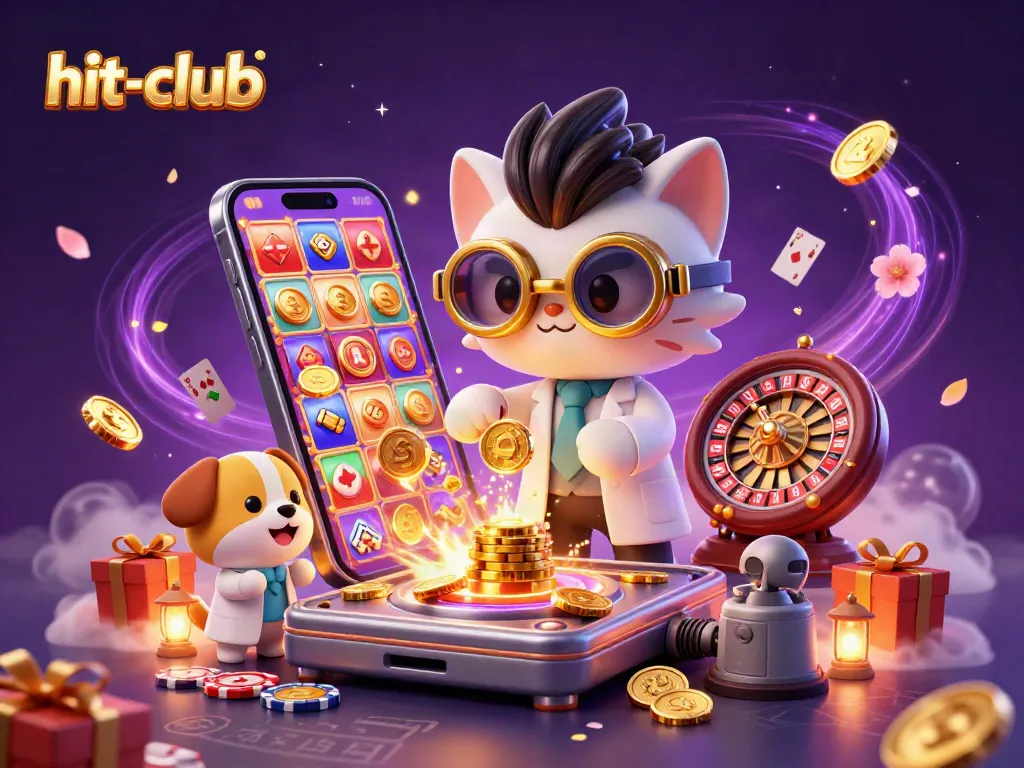 Win big at hit-club with a vibrant casino scene featuring exciting slot games and lively characters.