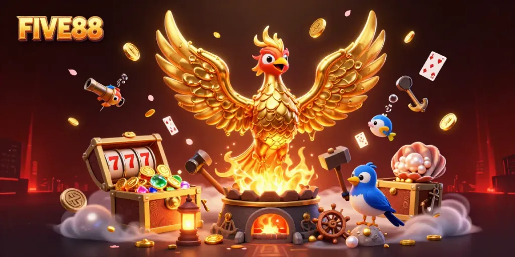 Engage in exciting gameplay at FIVE88 with a golden phoenix and casino elements in a vibrant scene.
