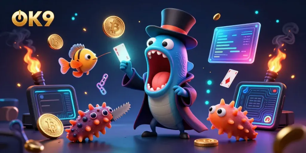 Engage with OK9 as the deep-sea gulper eel performs thrilling card tricks in a vibrant 3D casino illustration.