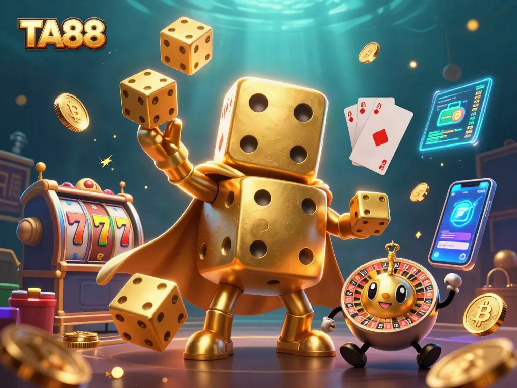 TA88 engages players with a vibrant casino scene featuring a golden dice golem, slot reels, and crypto coins.