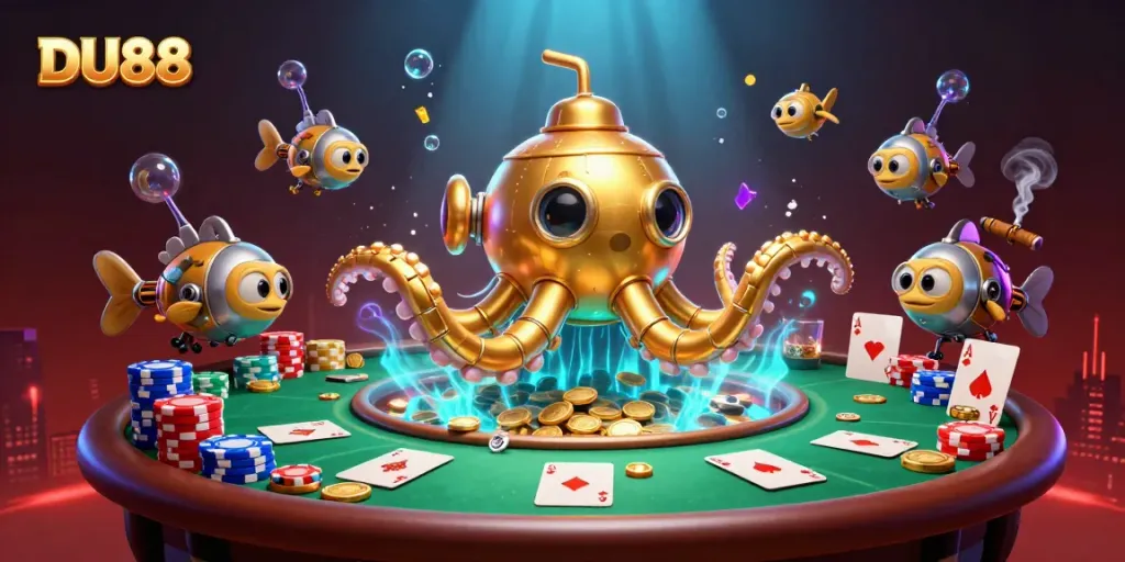 Experience exciting games and stunning bonuses at DU88, featuring a vibrant casino-themed scene with golden coins.