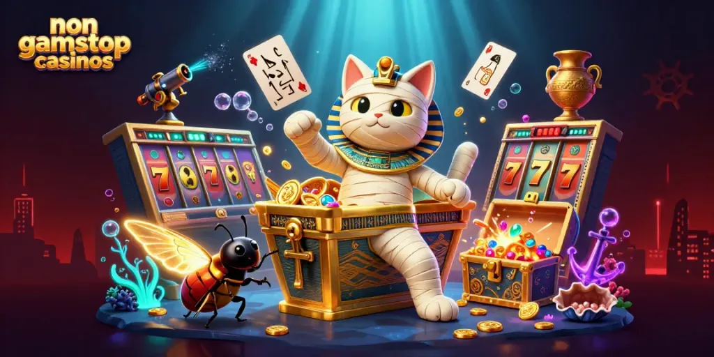 Engage with non gamstop casinos featuring a dynamic 3D scene of a mummy cat and treasures.