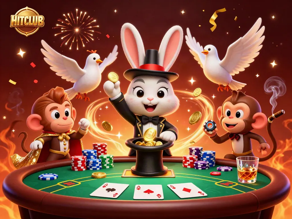 Engage in thrilling gaming at HITCLUB with a magician rabbit and playful characters amid golden coins.