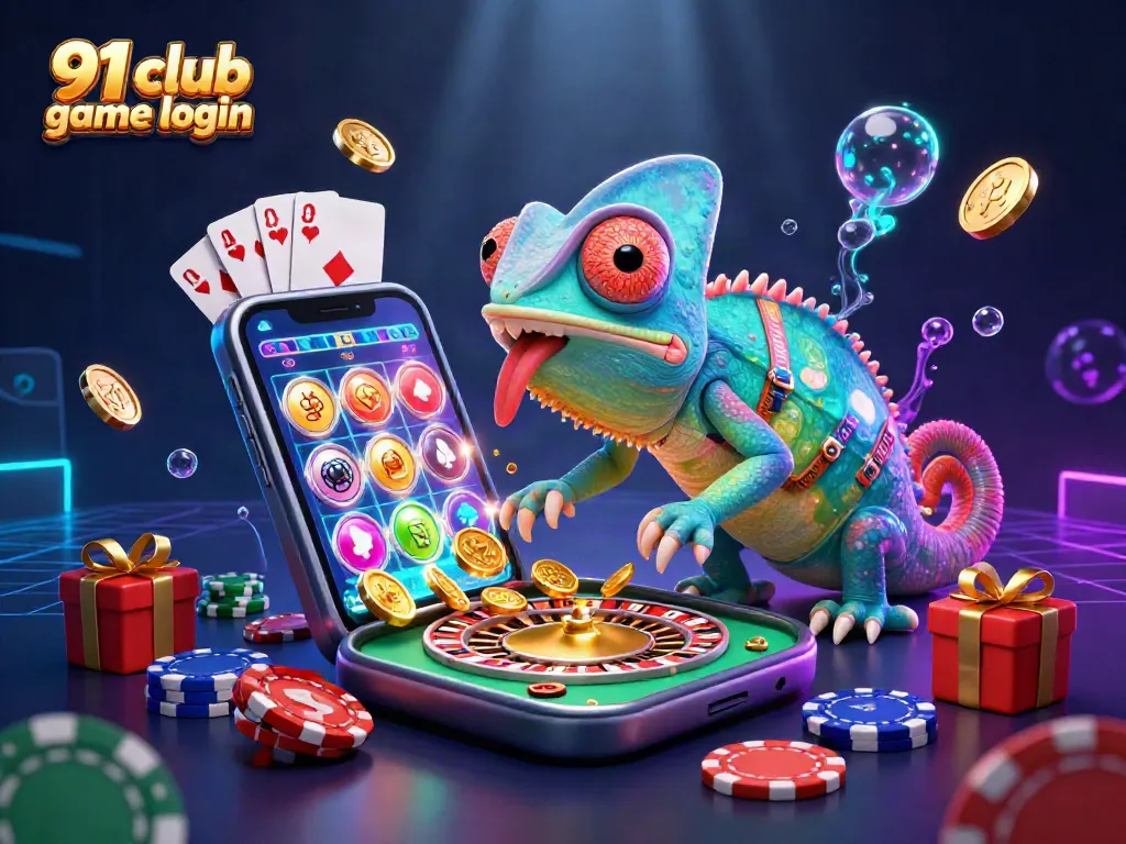 Engage with 91 club game login for exciting gaming action, featuring the chameleon casino owner.