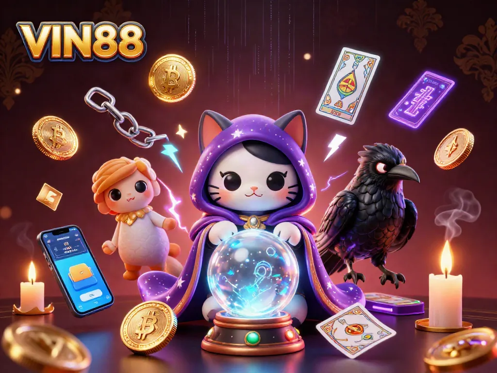 Engage in thrilling gaming experiences at VIN88 with a mystical cat and raven amid crypto elements.