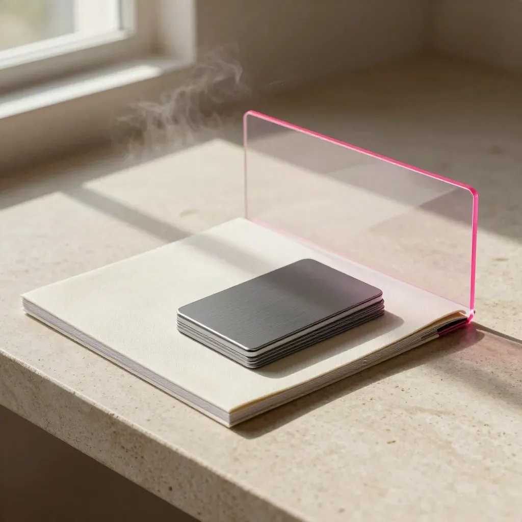 Launch-week marketing bundle on pale stone with acrylic divider and pink accent.