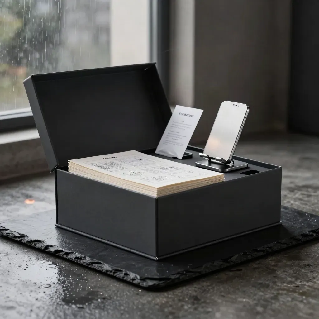 Charcoal TikTok launch kit box mid-open with storyboard deck and accessories on dark slate.