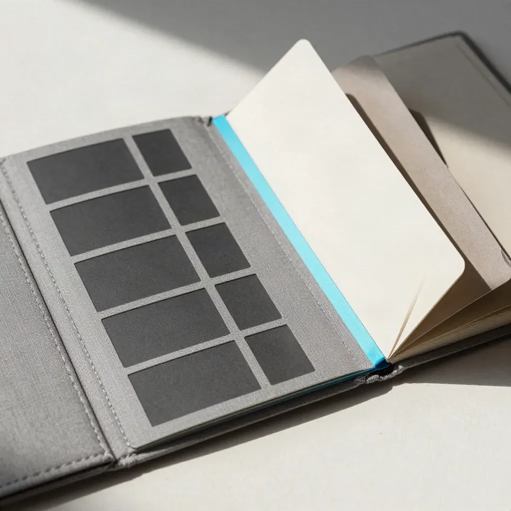 Sealed storyboard folio with blank tabs and cards on ash-grey linen with a blue accent