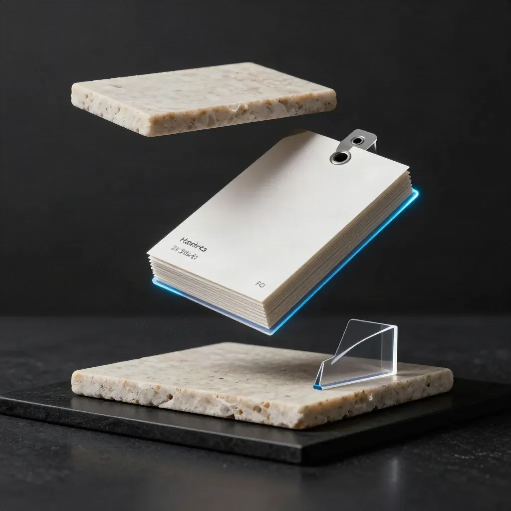 Floating tag-card bundle between pale slabs, dark studio product shot with blue rim light.