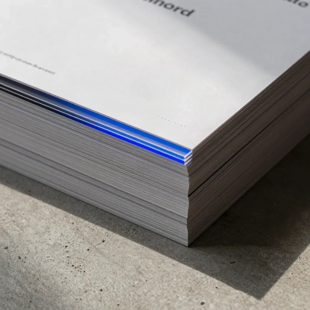 Macro of a report folio on concrete with blue-accented dividers and dust