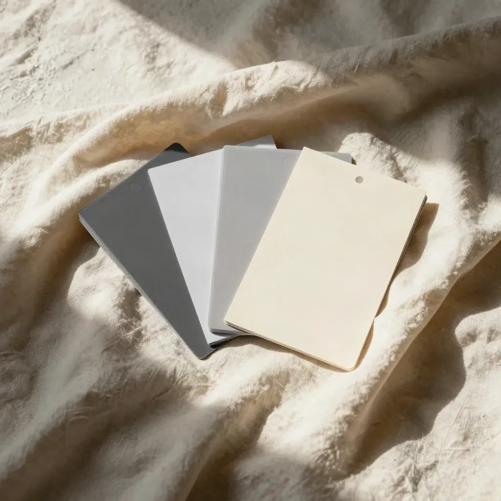 UGC script kit cards half-buried in cream fabric on pale plaster.