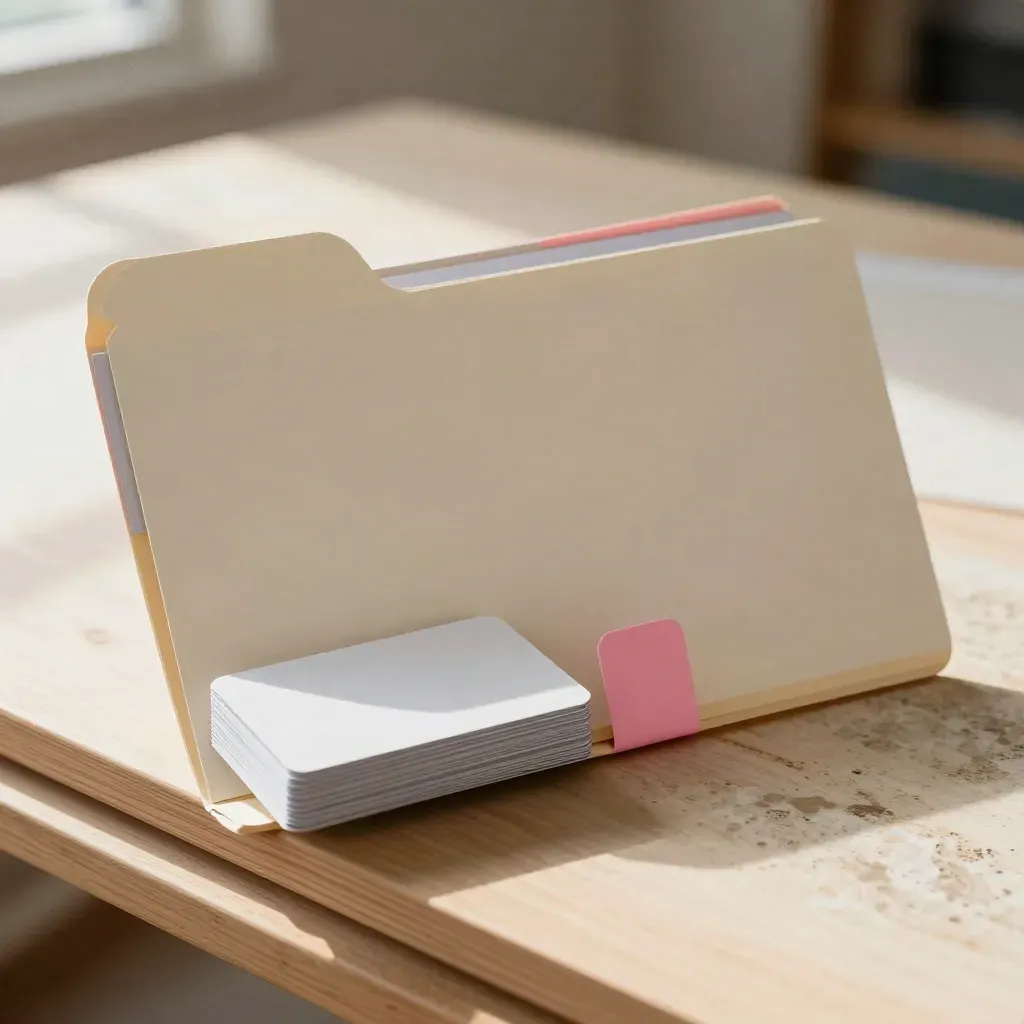 Open script pack folder with tabs, card stack, and divider on pale timber
