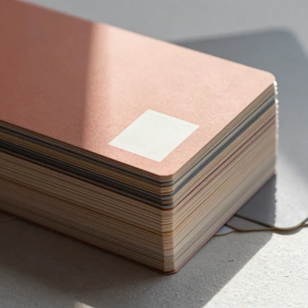 Macro of layered audit cards, translucent separators and a blank stamp block on plaster.