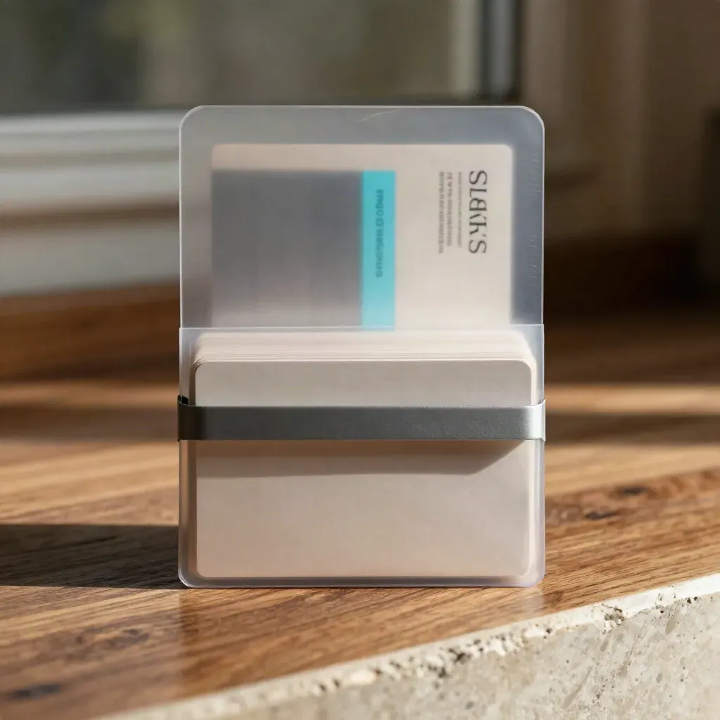 Creator outreach packet with stacked cards, sealed sleeve and clip bar on warm wood.