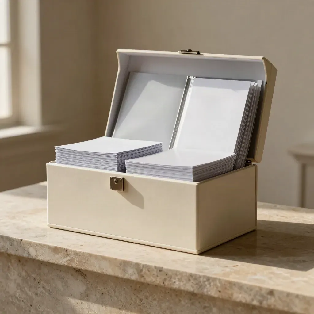 Open UGC Brief Kit box with eight slim briefs, insert pack, and divider set on warm stone.