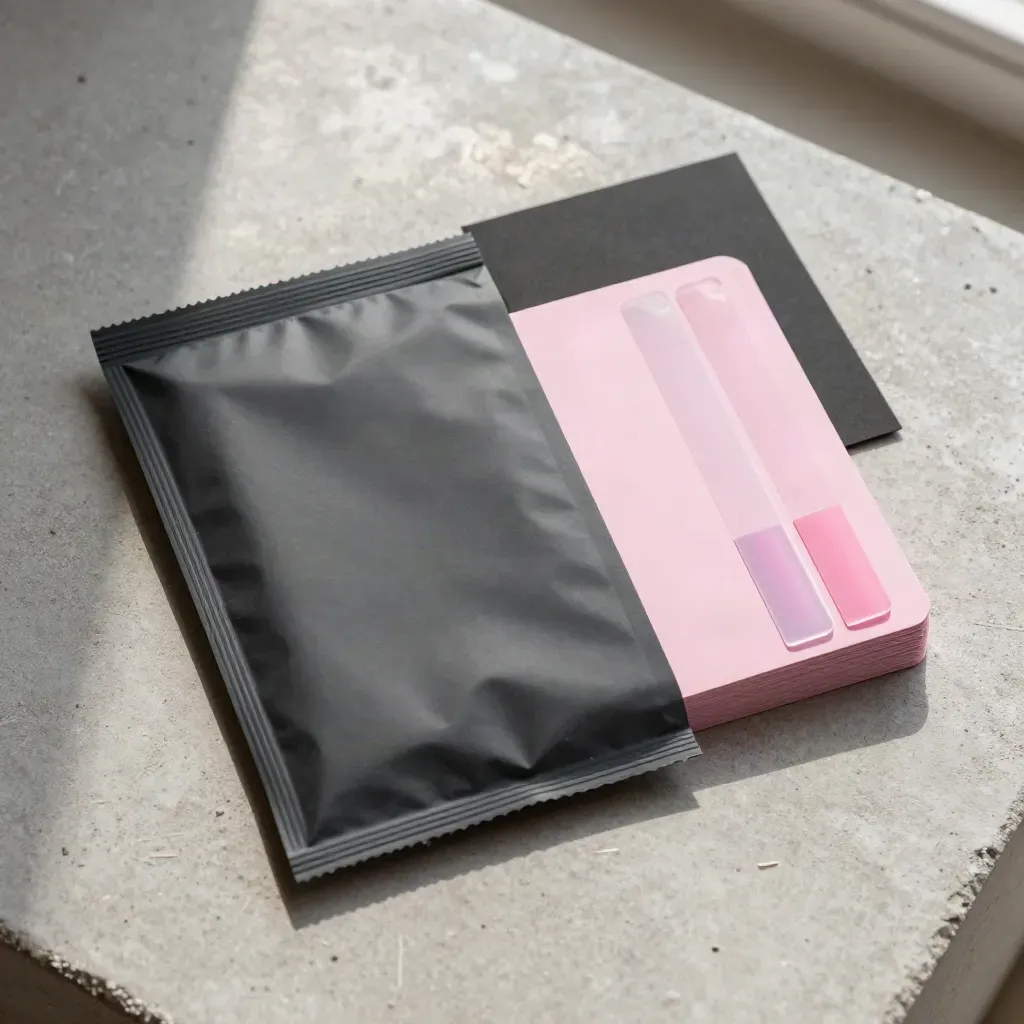Overhead flatlay of a sealed launch kit, prompt deck and translucent tabs on concrete.
