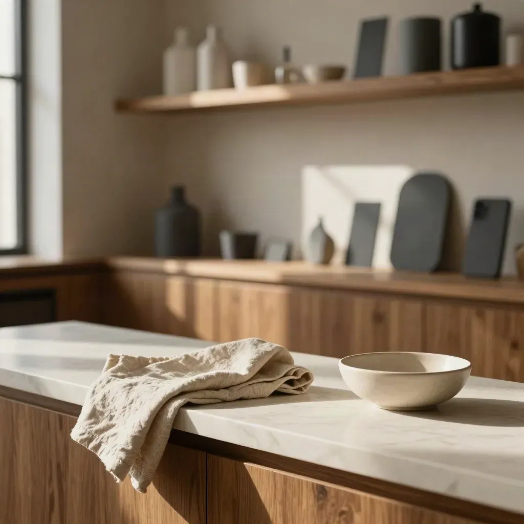 Sunlit oak-and-plaster studio corner with marble ledge, linen cloth, and blurred shelving