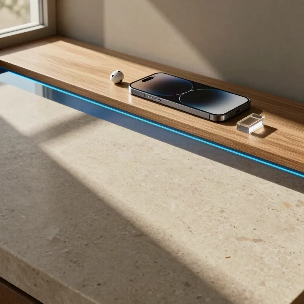 Travertine backdrop with blue glass glint, oak seam, and subtle social-content objects.