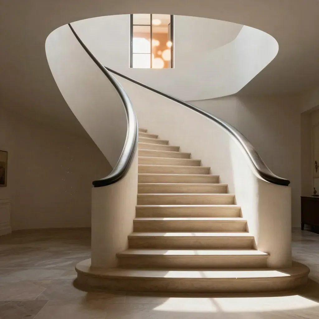 Sunlit white plaster stairwell with curved landing and glowing doorway, floor-level upward view.