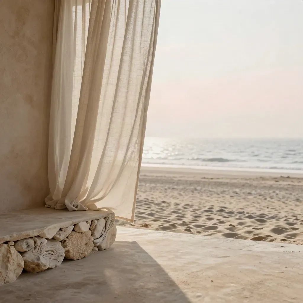 Coastal linen curtains and a stone step with bright sea haze beyond.