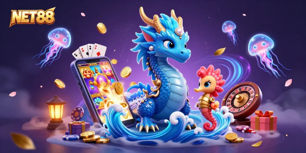 Engage with the magical world of NET88 as a vibrant dragon and knights surround colorful gaming elements.