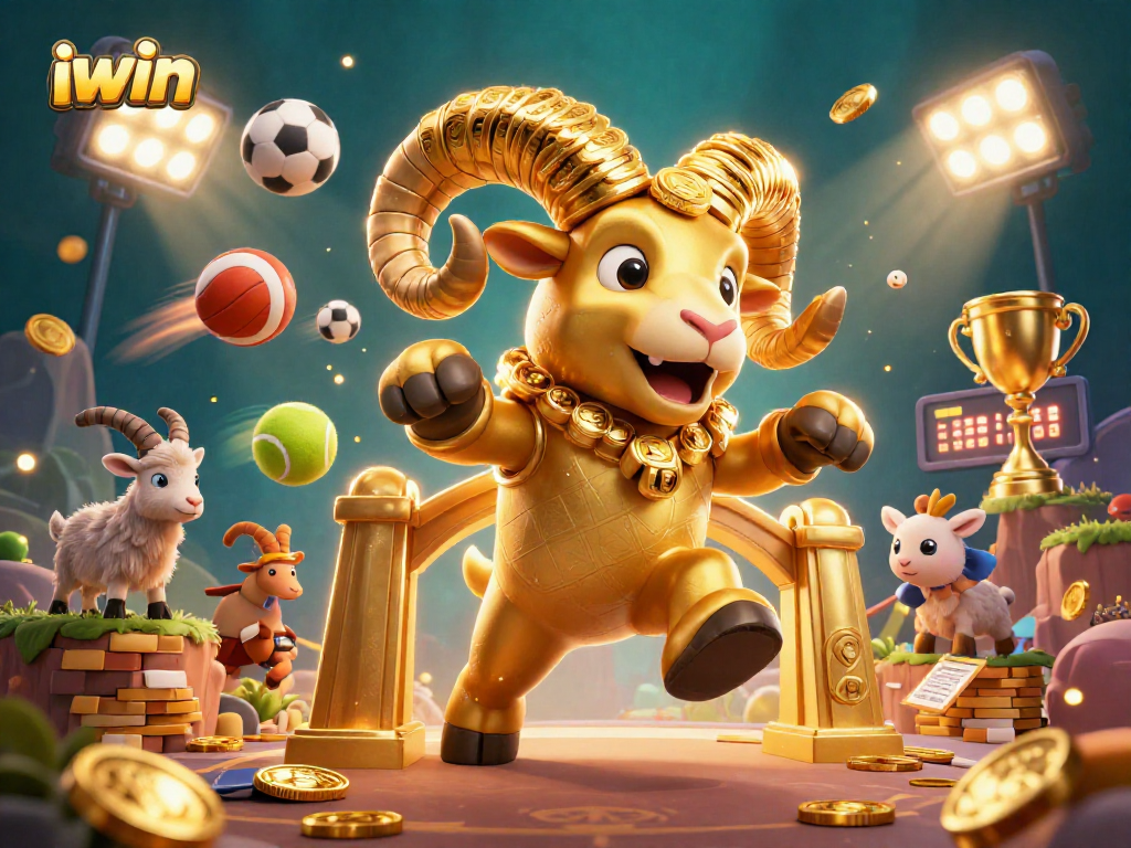Engage with iwin's dynamic gaming scene featuring a golden ram and sports elements.
