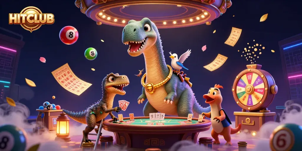 Win big at HITCLUB with captivating casino games under a whimsical brontosaurus scene