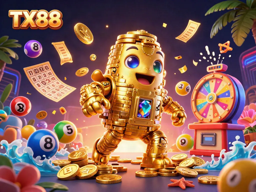 Experience exciting game moments at TX88, featuring interactive golden golem and vibrant casino elements.