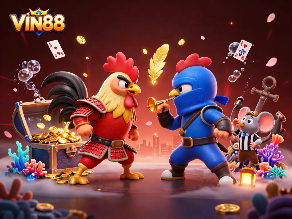 Engage with the thrilling showdown of roosters in samurai and ninja attire promoting VIN88's dynamic gaming universe.