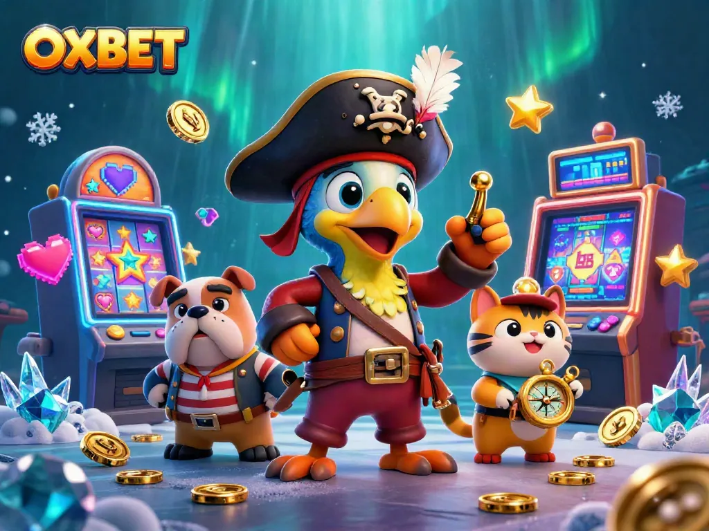 Play exciting games at OXBET with a lively 3D casino scene featuring interactive slot elements.