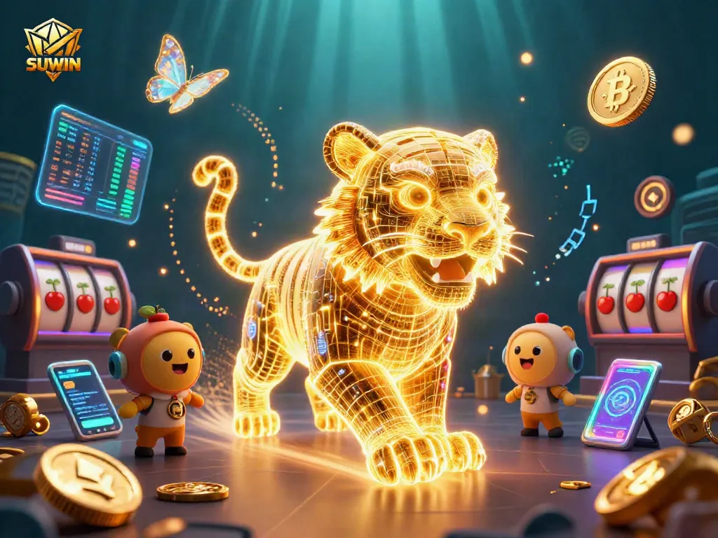 Suwin engages players with a neon wireframe tiger and crypto symbols in a vibrant casino environment.