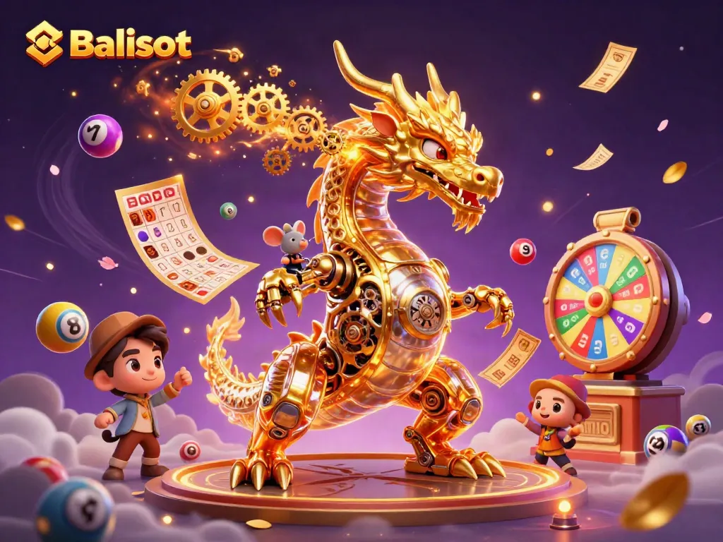 Engage with Balislot's thrilling golden dragon gaming scene featuring colorful lottery elements.