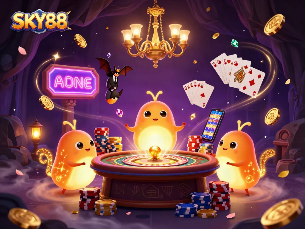Experience thrilling gaming with SKY88 as glowworms illuminate a casino scene filled with gold and excitement.