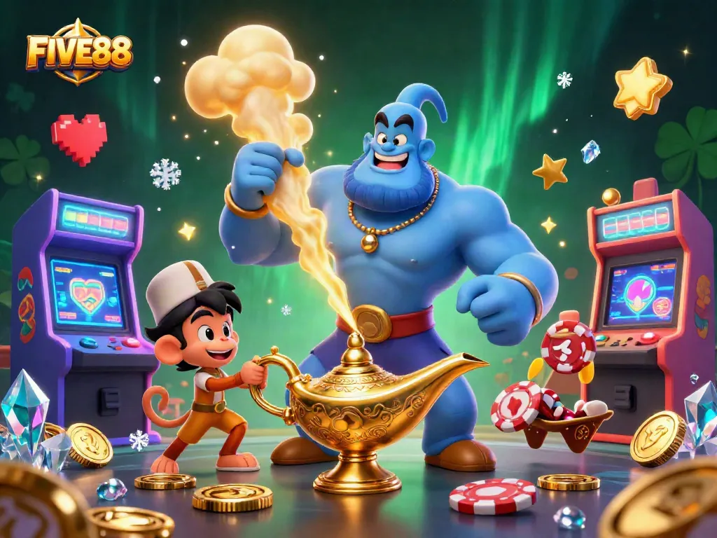 Experience the excitement of FIVE88 with a magical casino scene featuring a genie, monkey, and poker chips.