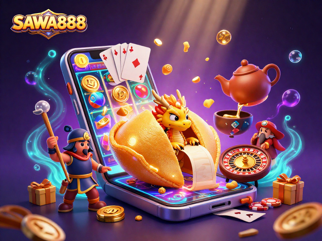 SAWA888 offers an exciting casino atmosphere with a vibrant 3D illustration showcasing fortune cookies and slot games.