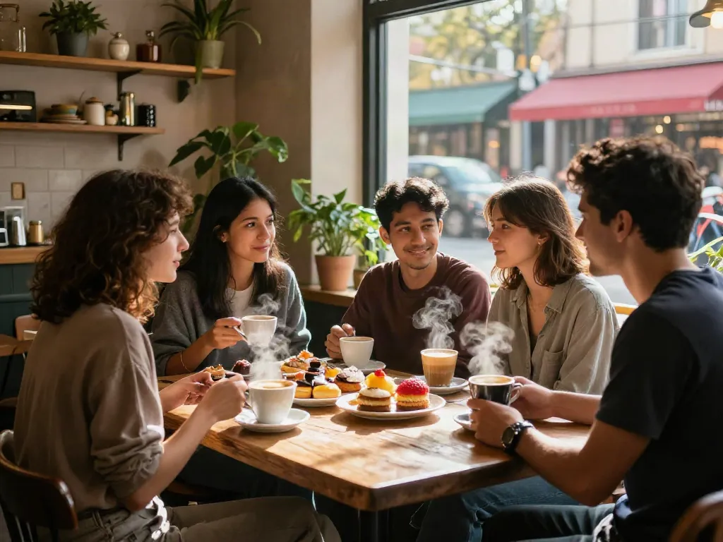 Friends bonding over coffee and pastries at rokok88 café, cozy ambiance.