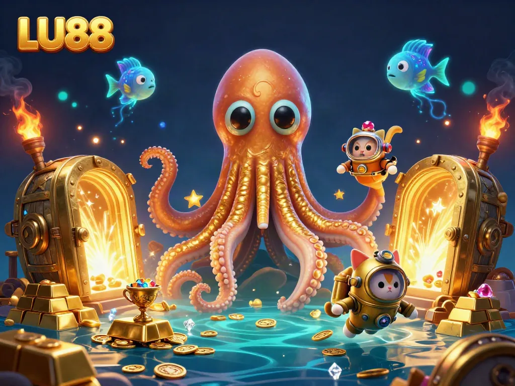 LU88 players engage in thrilling underwater adventures with a massive kraken and treasure.