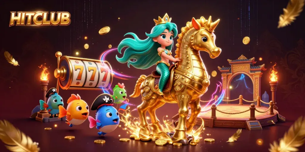 Join the HITCLUB adventure with a vibrant 3D illustration featuring a mermaid princess, seahorse, and dynamic casino elements.