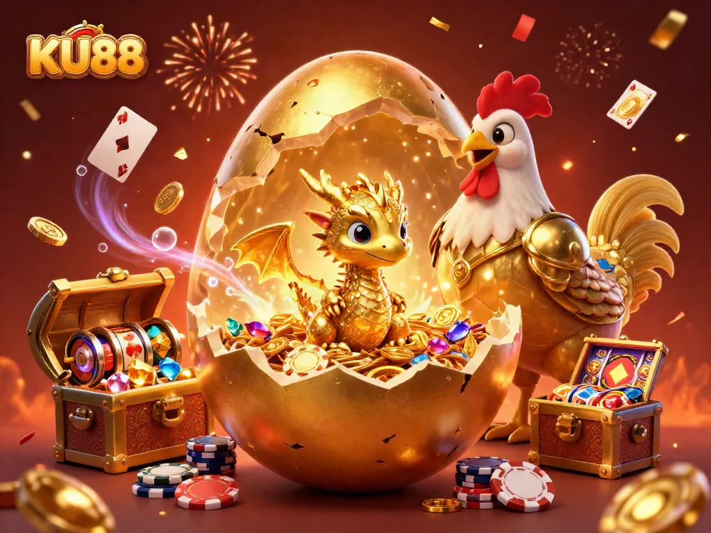 Win big with KU88's thrilling casino experience featuring a dazzling baby dragon and golden poker chips.