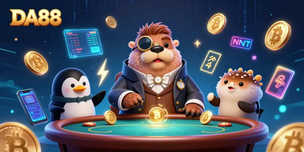 DA88 showcases a vibrant poker scene with a walrus, penguin dealer, and a bluffing pufferfish.