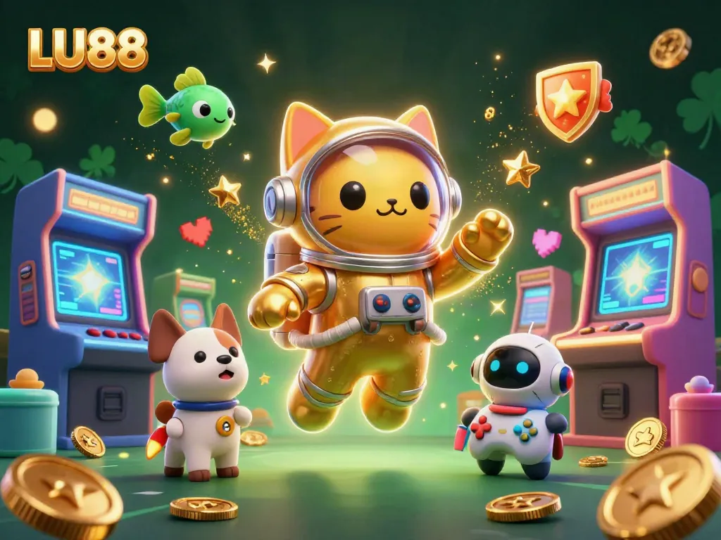 Engage in LU88 gaming adventures with a playful space-themed scene featuring an astronaut cat.