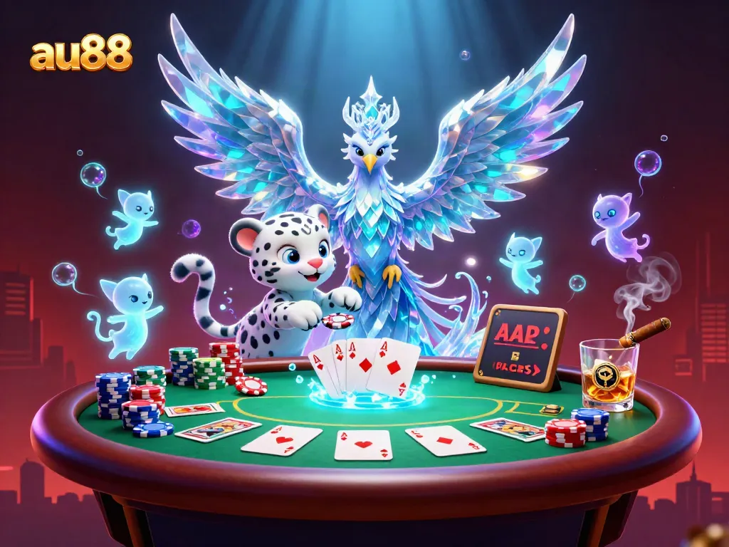 Engage with the magical world of au88, illustrated with an ice phoenix, playful snow leopard, and vibrant casino elements.