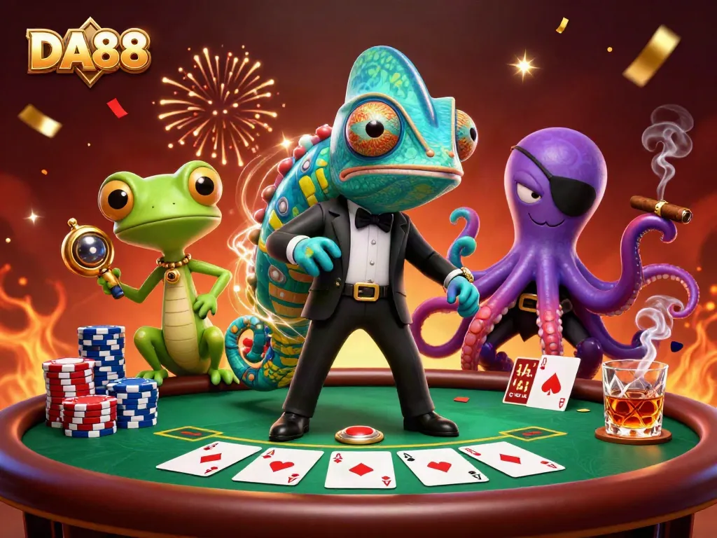 DA88 game night with vibrant poker scene featuring animated characters in a thrilling casino atmosphere.