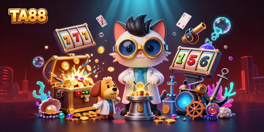 Join TA88's mad scientist cat in a colorful casino adventure, creating gold coins and vibrant gaming elements.