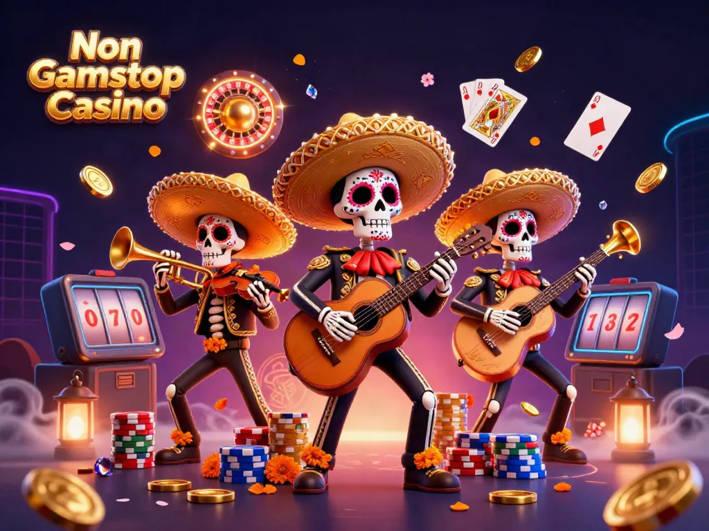 Experience the vibrant excitement of a Non Gamstop Casino with a dynamic mariachi band surrounded by dazzling casino elements.
