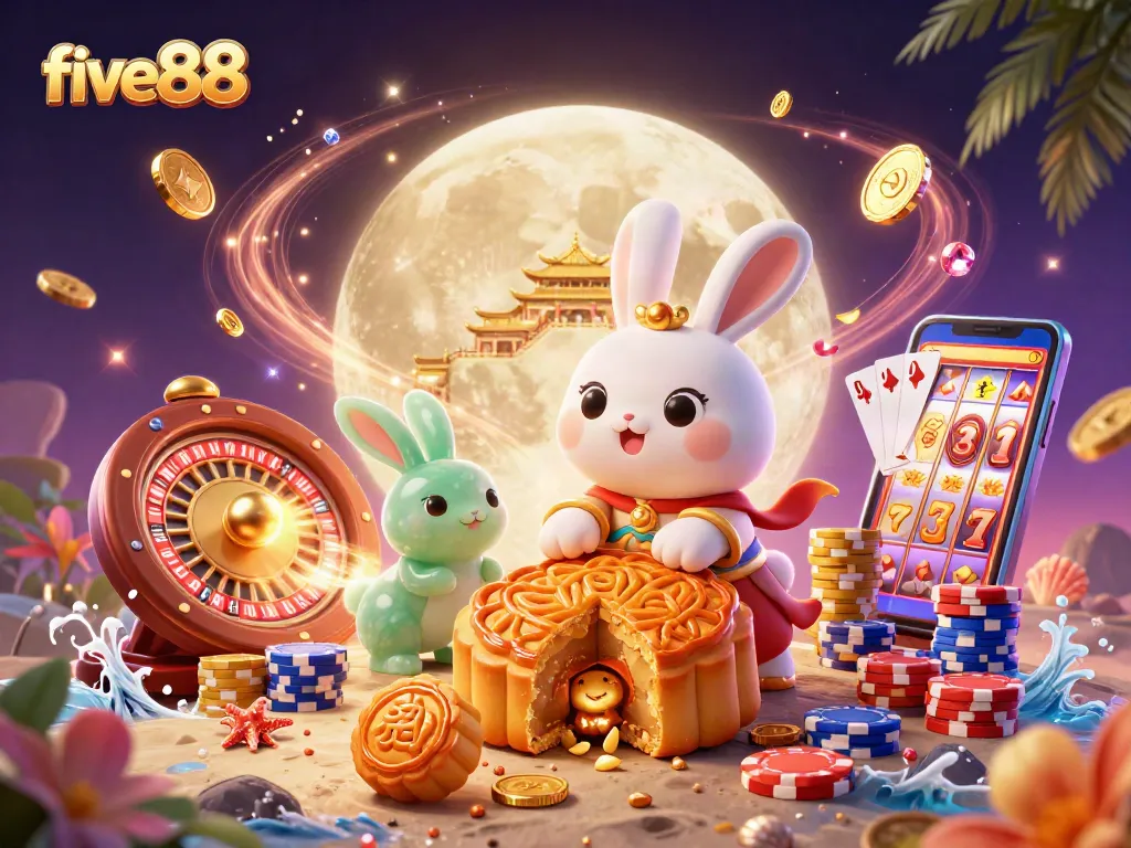 Experience the dynamic world of five88 with a playful rabbit and casino elements flying around.